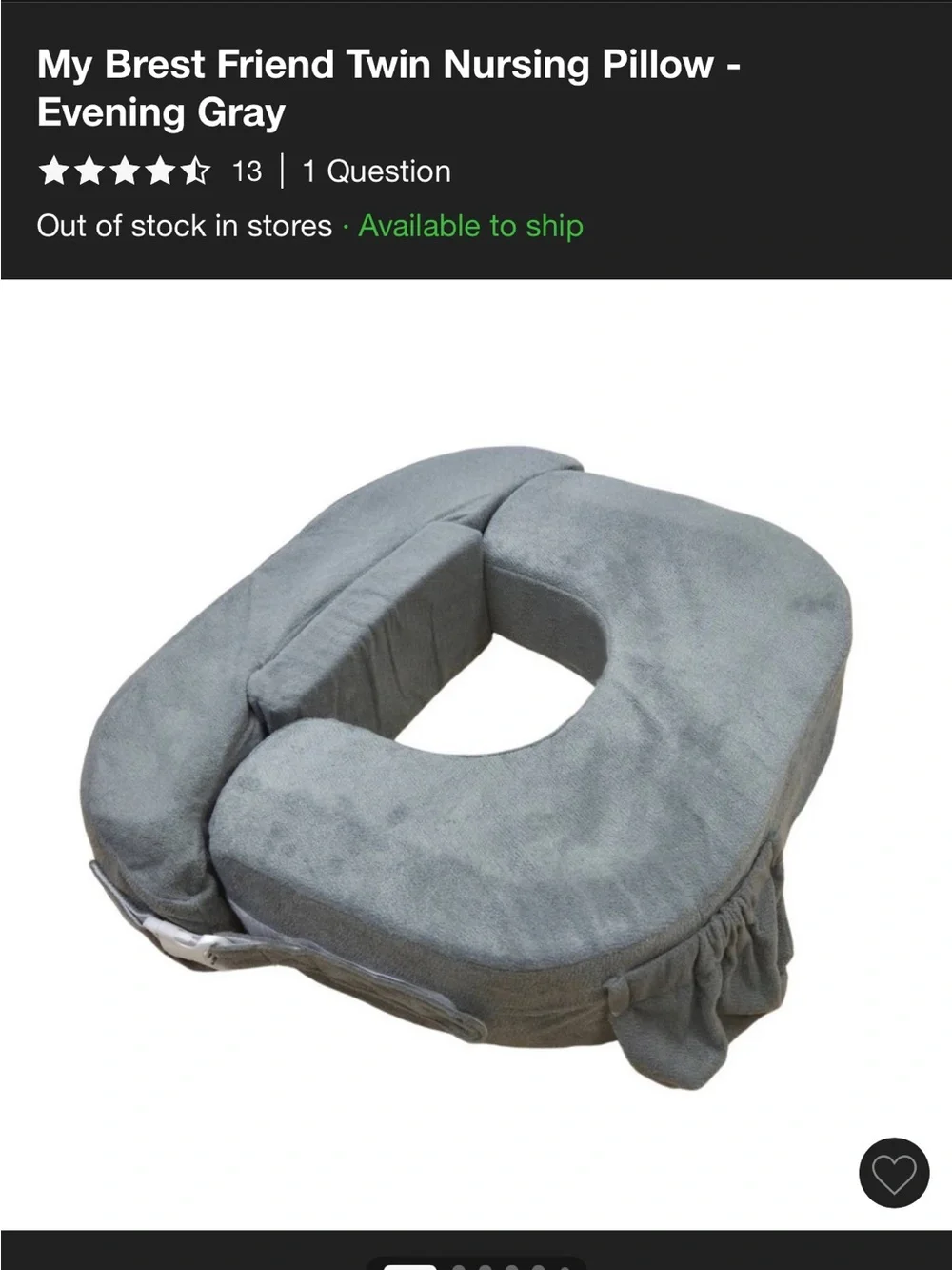 My Brest Friend Twin Nursing Pillow — Gray Support Cushion